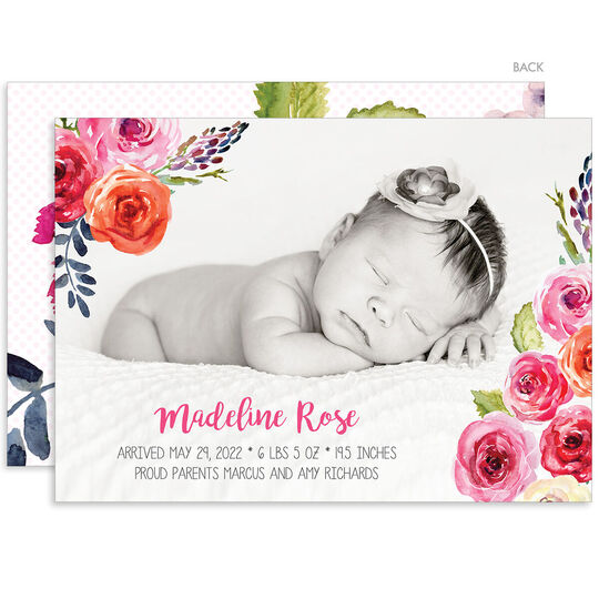 Watercolor Corner Roses Photo Birth Announcements